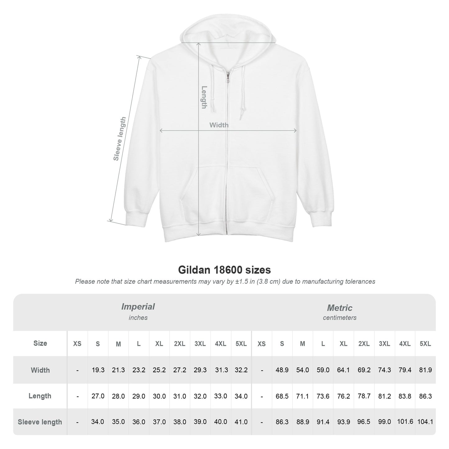 White hoodie with measurement chart full zip hoodie with a stylized sunset design and 'STAY SALTY' text - Island Drops hoodie collection | Unisex zipper hoodie