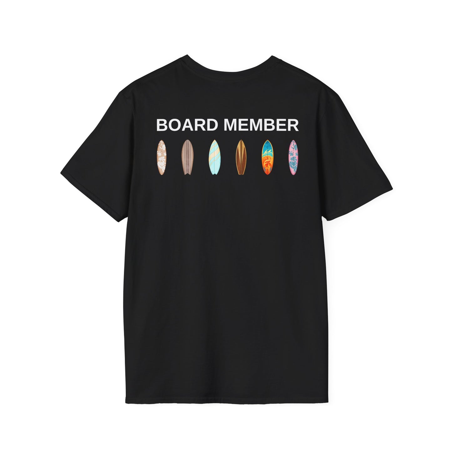 Black t-shirt with 'BOARD MEMBER' text and colorful surfboard icons on the back - Island Drops t-shirt collection | Unisex t-shirts