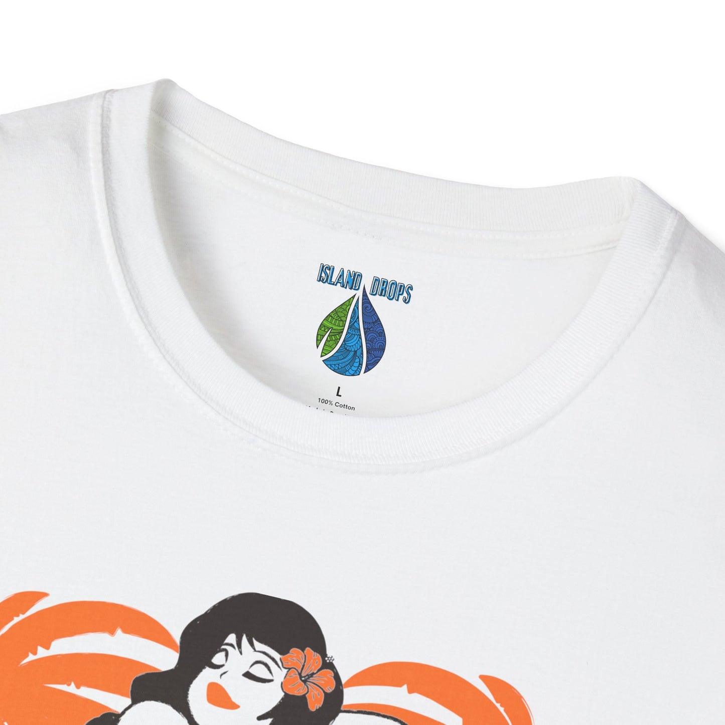 White t-shirt with female hula dancer and palm trees graphic design - Island Drops t-shirt collection | Unisex t-shirts