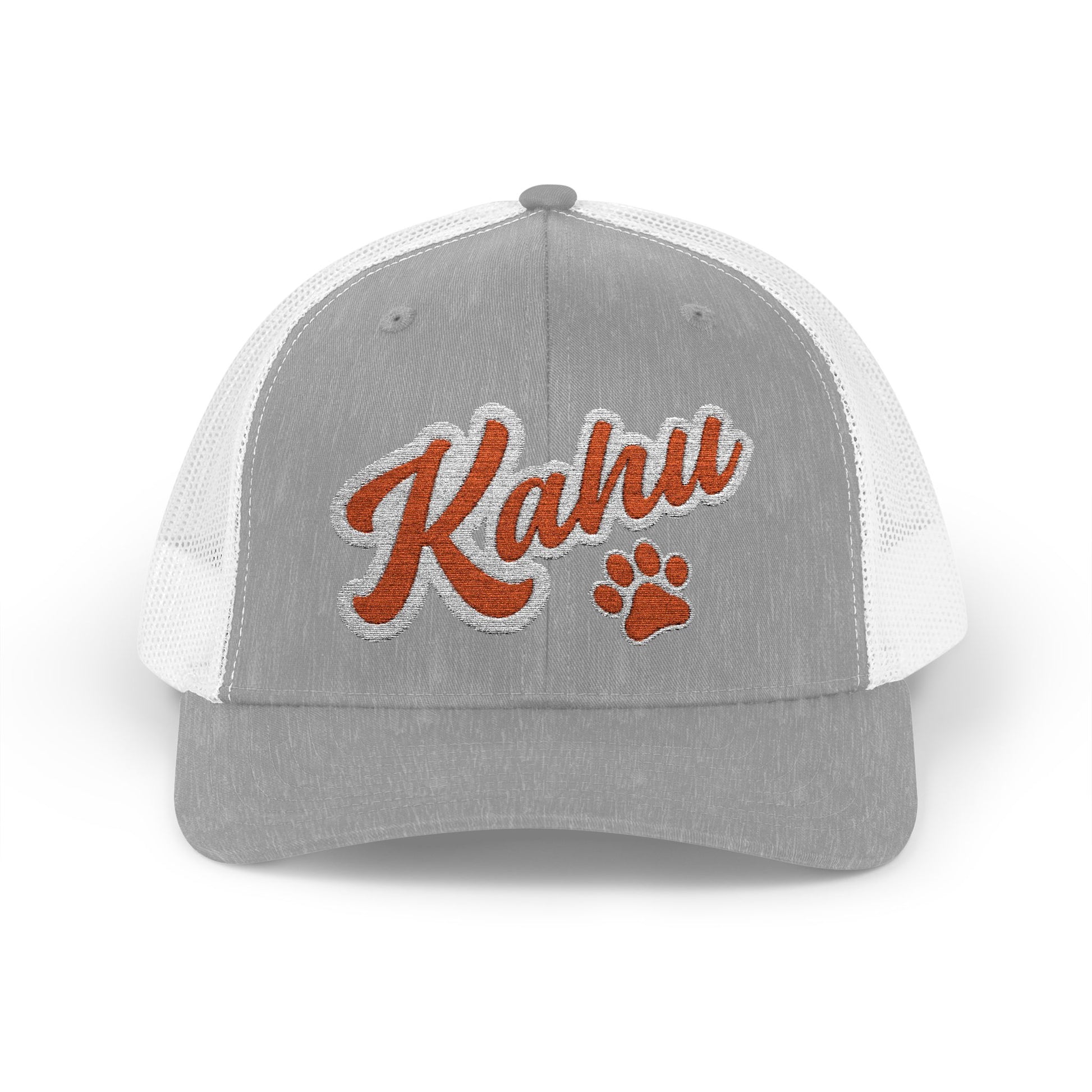 Gray and white cap with 'Kahu' branding with paw print graphic design - Island Drops hat collection | Unisex trucker hat, trucker cap
