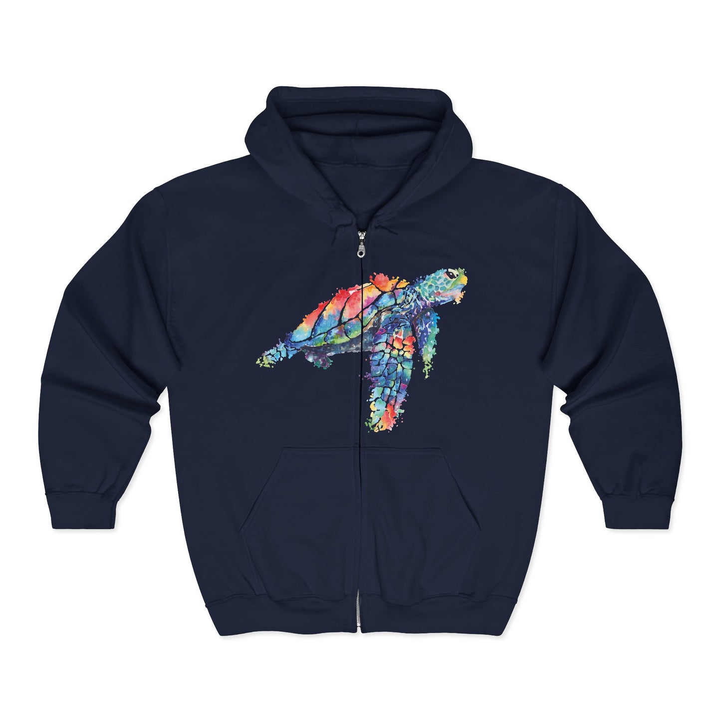 Navy blue full zip hoodie with a stylized watercolor turtle graphic design - Island Drops hoodie collection | Unisex zipper hoodie