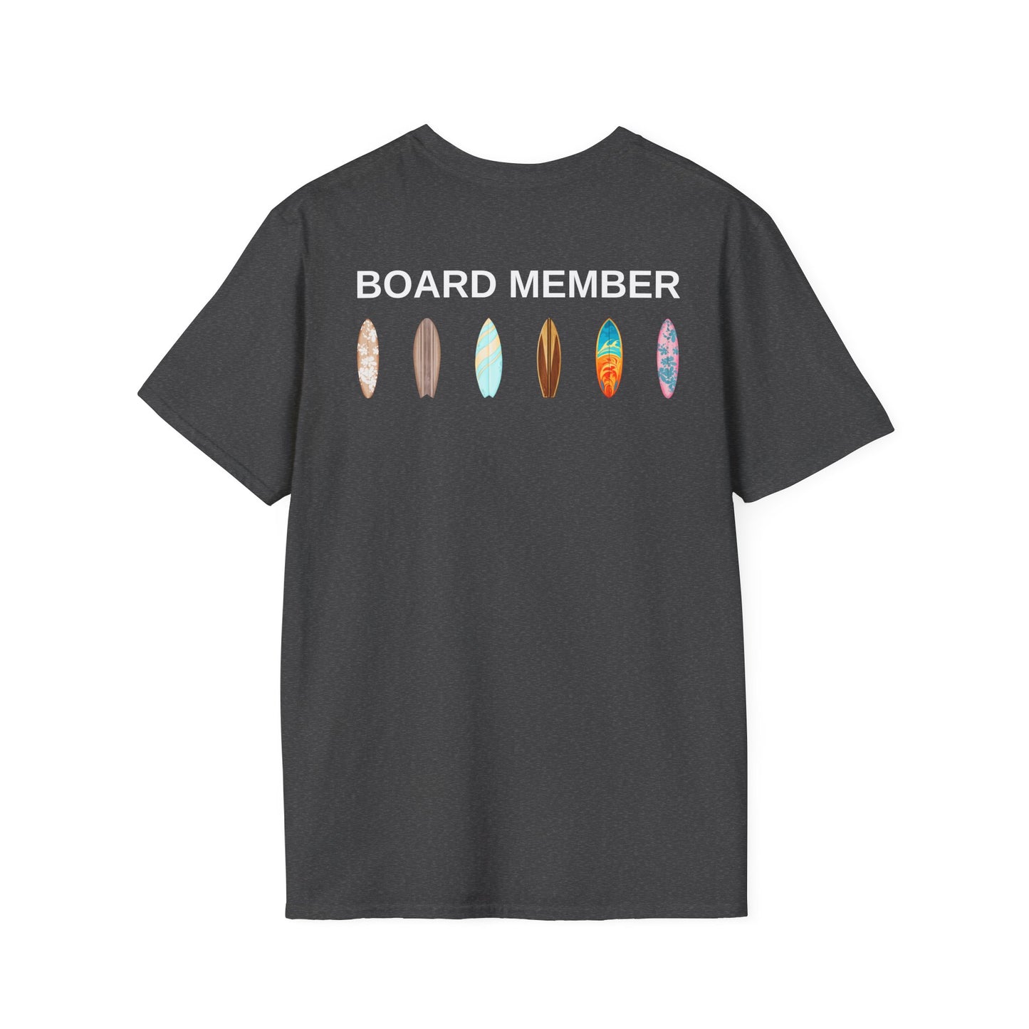 Gray t-shirt with 'BOARD MEMBER' text and colorful surfboard icons on the back - Island Drops t-shirt collection | Unisex t-shirts