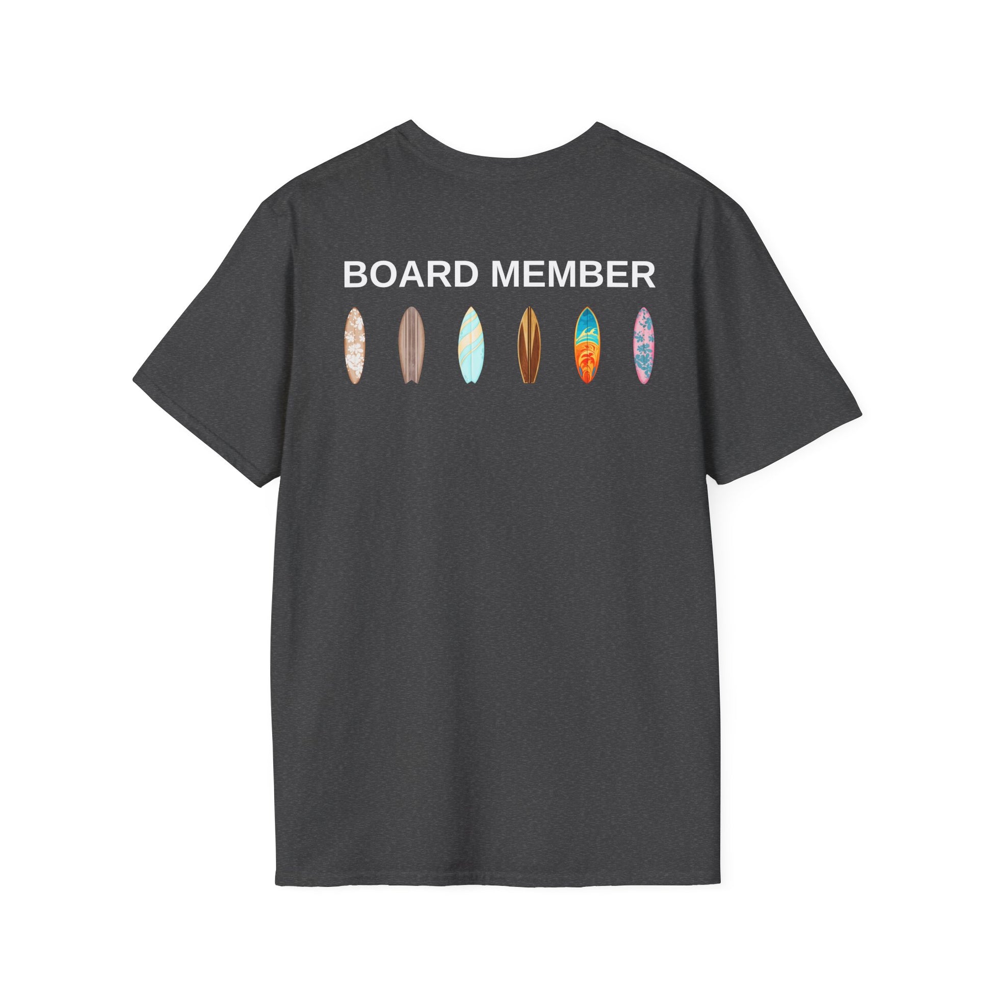 Gray t-shirt with 'BOARD MEMBER' text and colorful surfboard icons on the back - Island Drops t-shirt collection | Unisex t-shirts