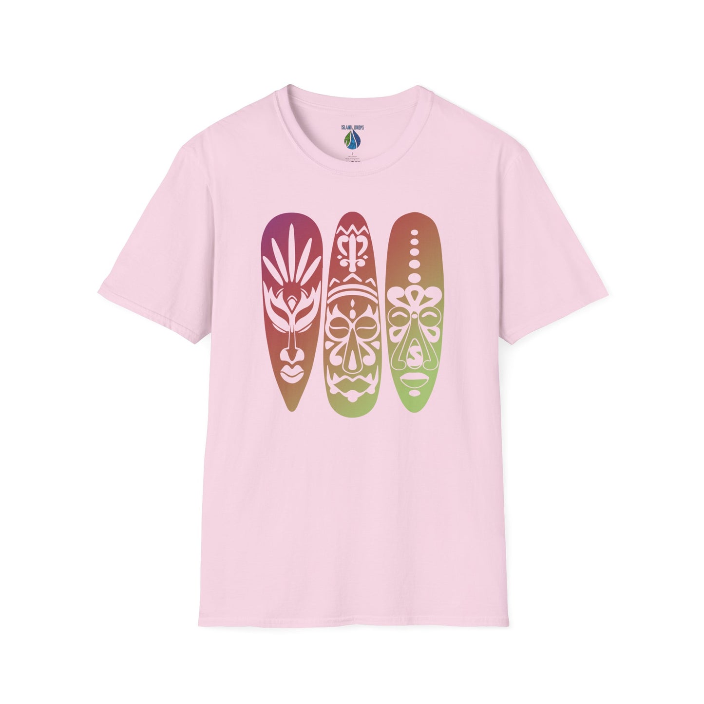 Pink t-shirt  with colorful gradient island masks graphic design - Island Drops t-shirt collection | Unisex t-shirts
