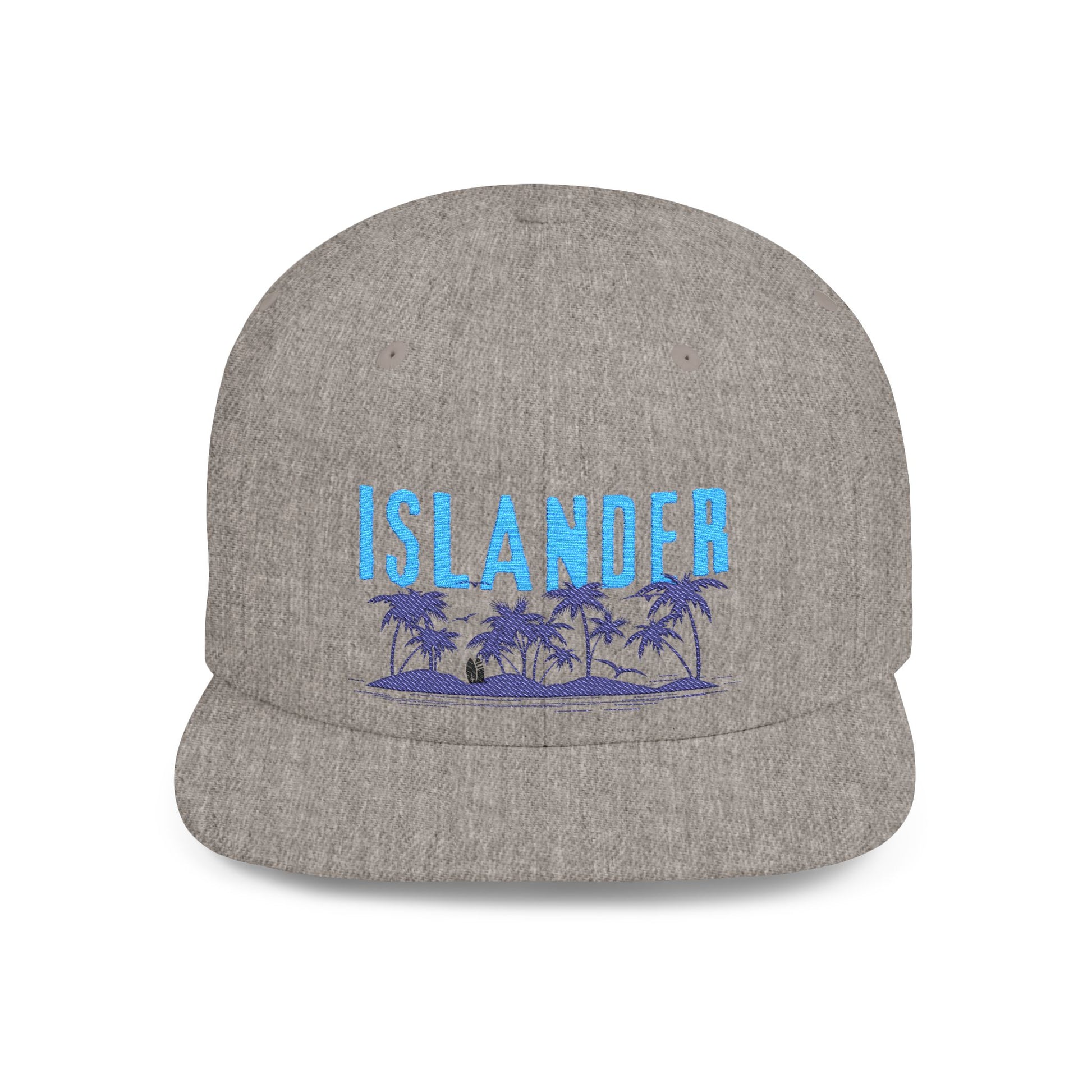 Gray cap with 'ISLANDER' text and palm trees and island graphic design - Island Drops hat collection | Unisex snapback cap