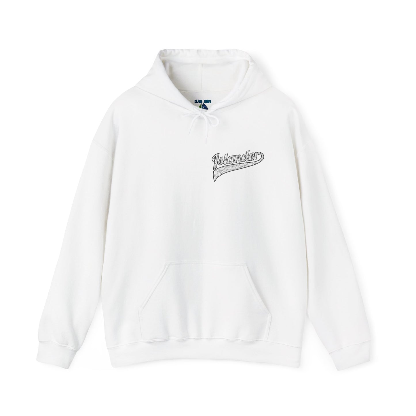White hoodie with "Islander" tribal logo - Island Drops hoodie collection | Unisex pullover
