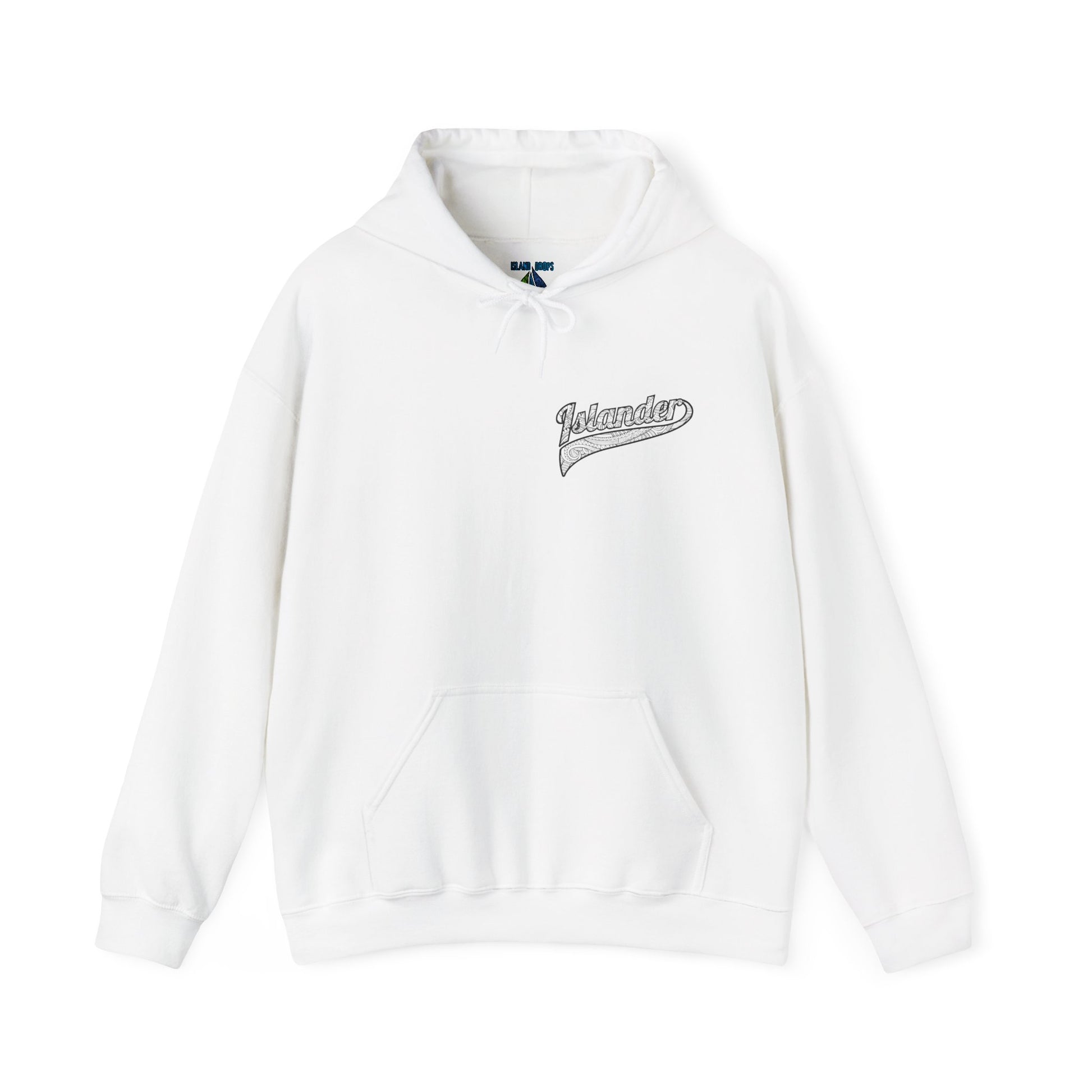 White hoodie with "Islander" tribal logo - Island Drops hoodie collection | Unisex pullover
