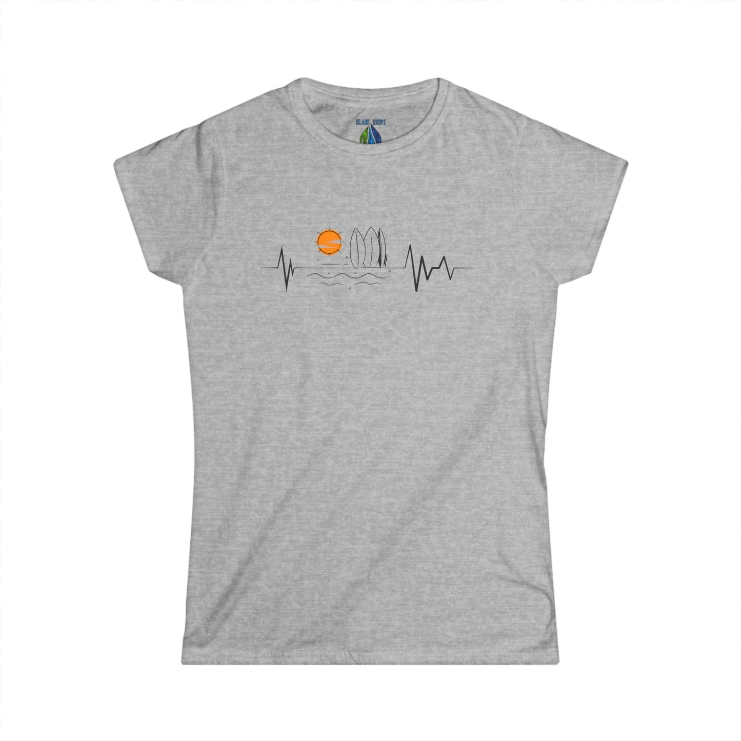 Gray women's cut t-shirt with sunset heartbeat graphic design - Island Drops Women's collection | Women's cut t-shirt