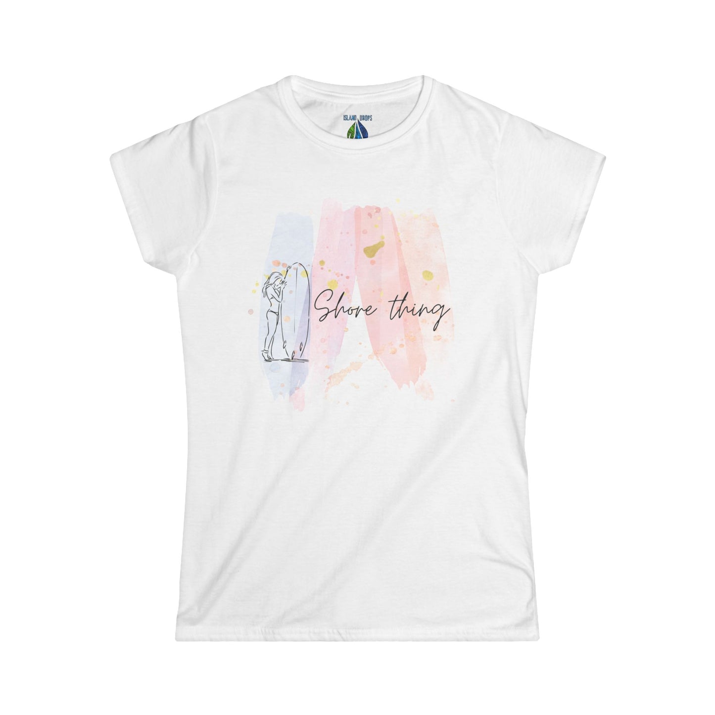 White women's cut t-shirt with 'Shore Thing' graphic design, surfboard and watercolor - Island Drops Women's collection | Women's cut t-shirt