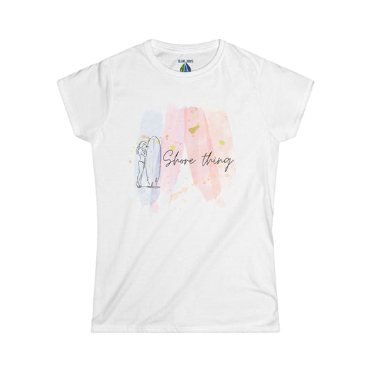 White women's cut t-shirt with 'Shore Thing' graphic design, surfboard and watercolor - Island Drops Women's collection | Women's cut t-shirt