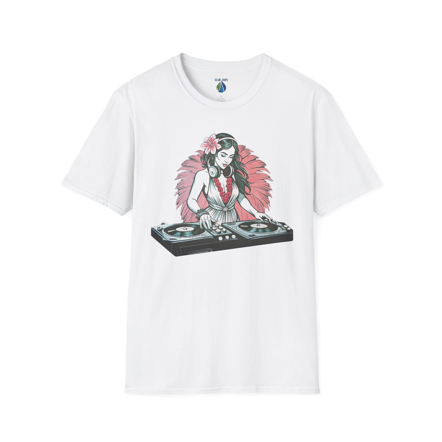 White t-shirt with a female hula dancer as a DJ graphic design - Island Drops T-shirt collection | Unisex t-shirt