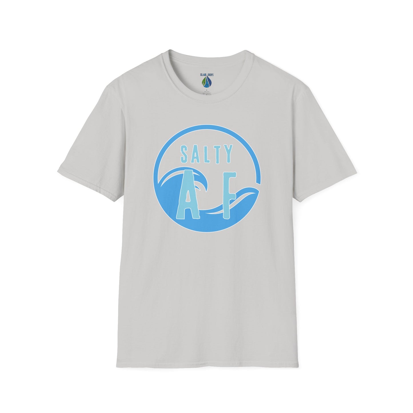 Gray t-shirt  with 'SALTY AF' text and stylized ocean graphic design - Island Drops t-shirt collection | Unisex t-shirts