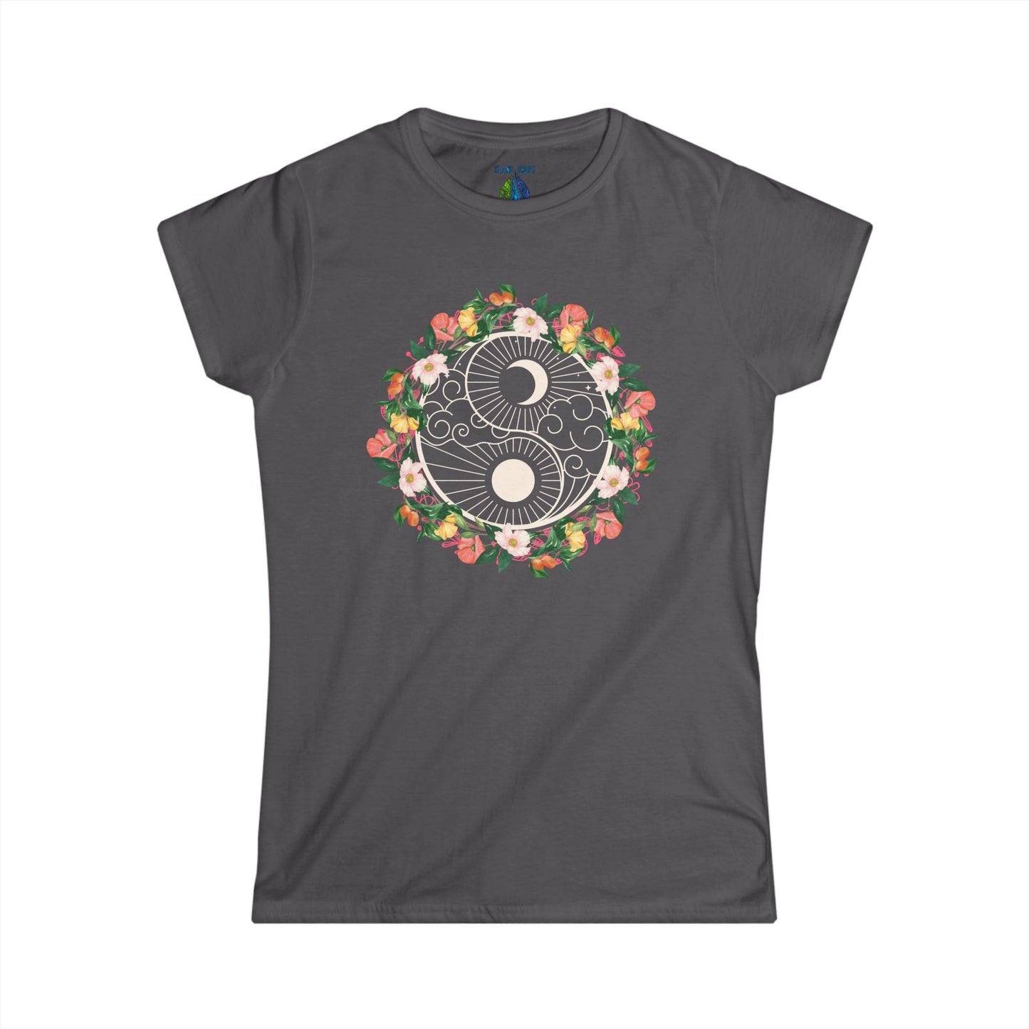 Gray women's cut t-shirt with floral yin yang graphic design - Island Drops Women's collection | Women's cut t-shirt