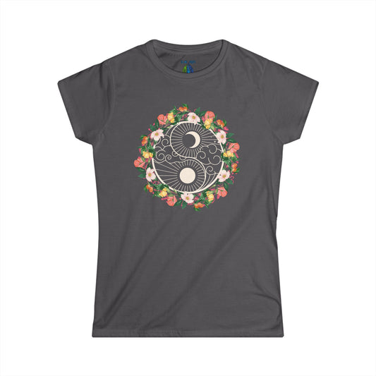 Gray women's cut t-shirt with floral yin yang graphic design - Island Drops Women's collection | Women's cut t-shirt