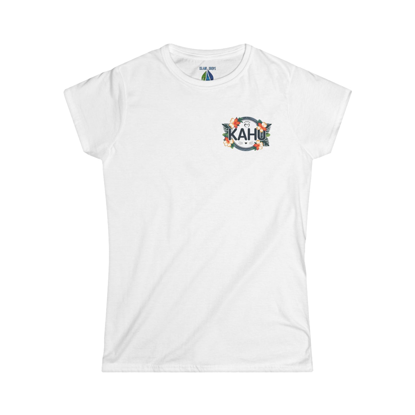 White women's t-shirt with a graphic KAHU design with flowers and paw prints  - Island Drops women's t-shirt collection | Women's cut t-shirt