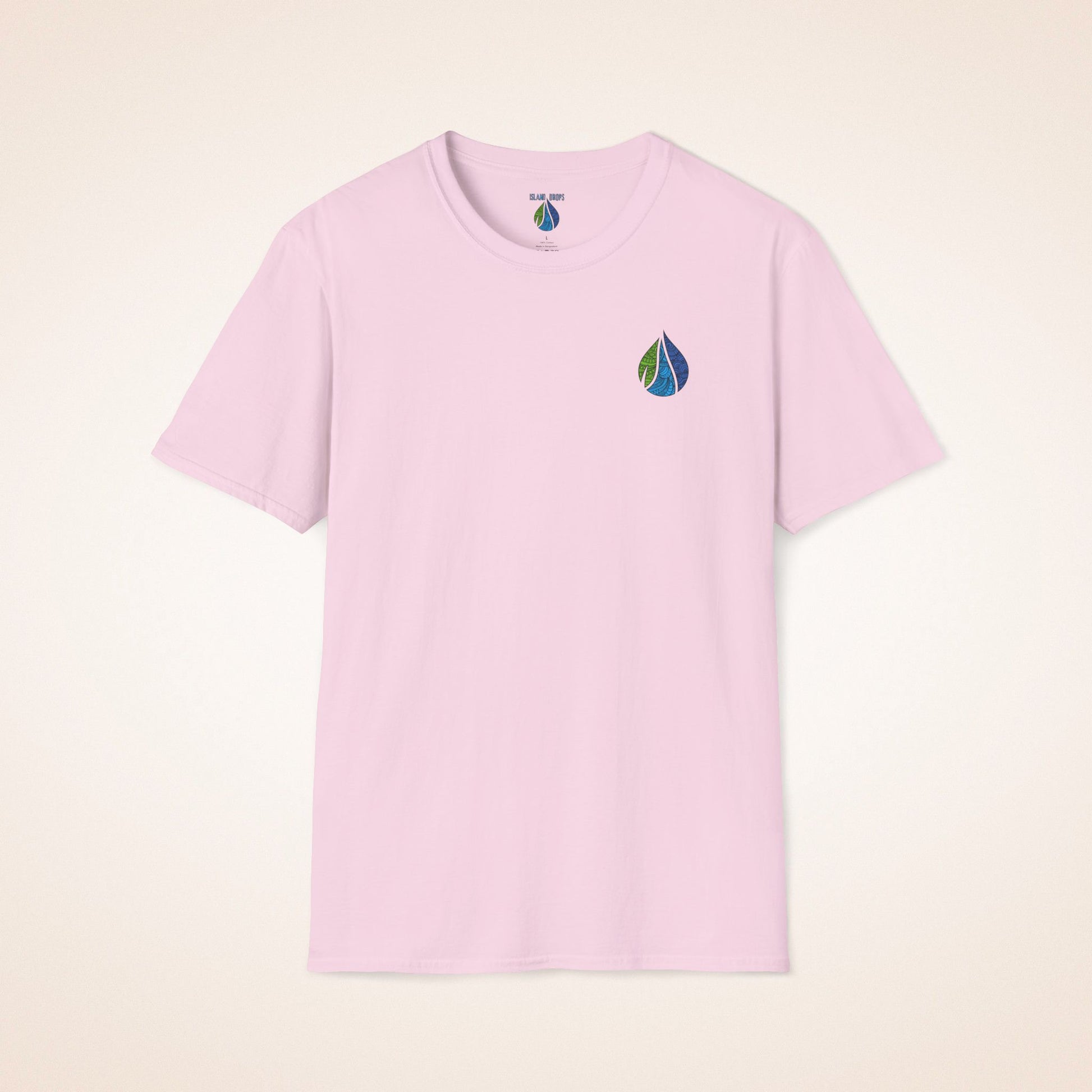 Pink t-shirt with Island Drops logo on the front chest and 'BOARD MEMBER' text and colorful surfboard icons on the back - Island Drops t-shirt collection | Unisex t-shirts