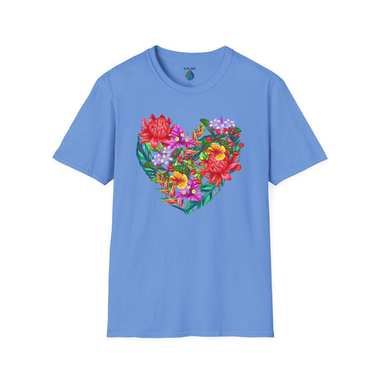 Blue t-shirt with floral heart graphic design - Island Drops t-shirt collection | Unisex t-shirts