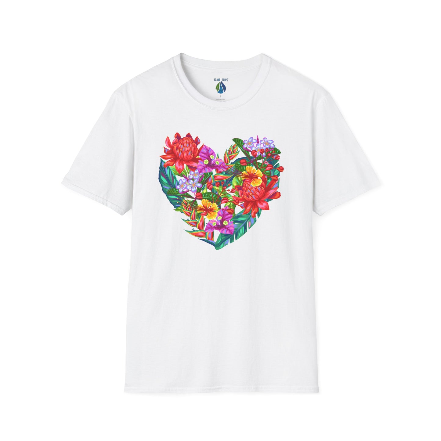 White t-shirt with floral heart graphic design - Island Drops t-shirt collection | Unisex t-shirts