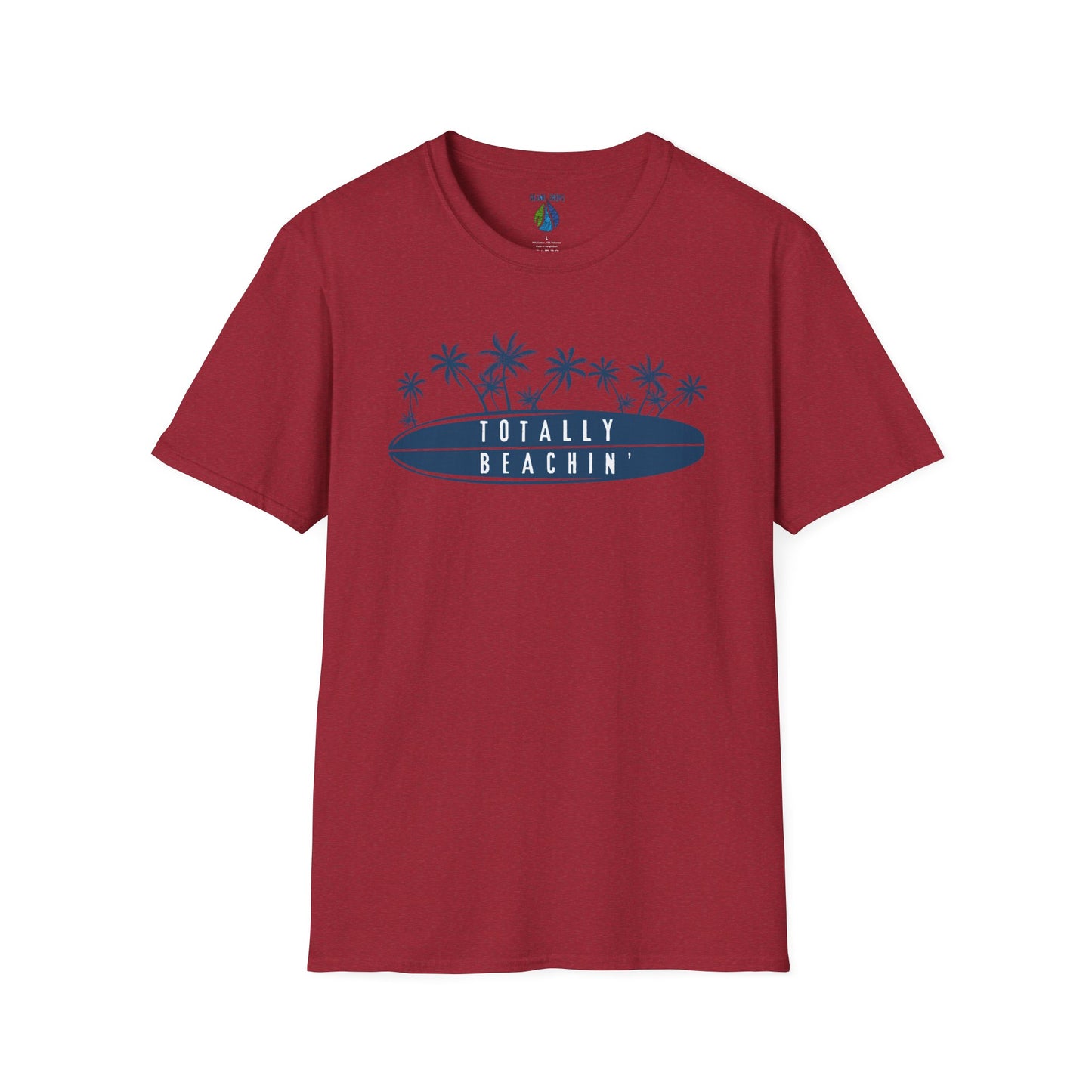 Red  t-shirt  with 'TOTALLY BEACHIN' text and palm trees graphic design - Island Drops t-shirt collection | Unisex t-shirts