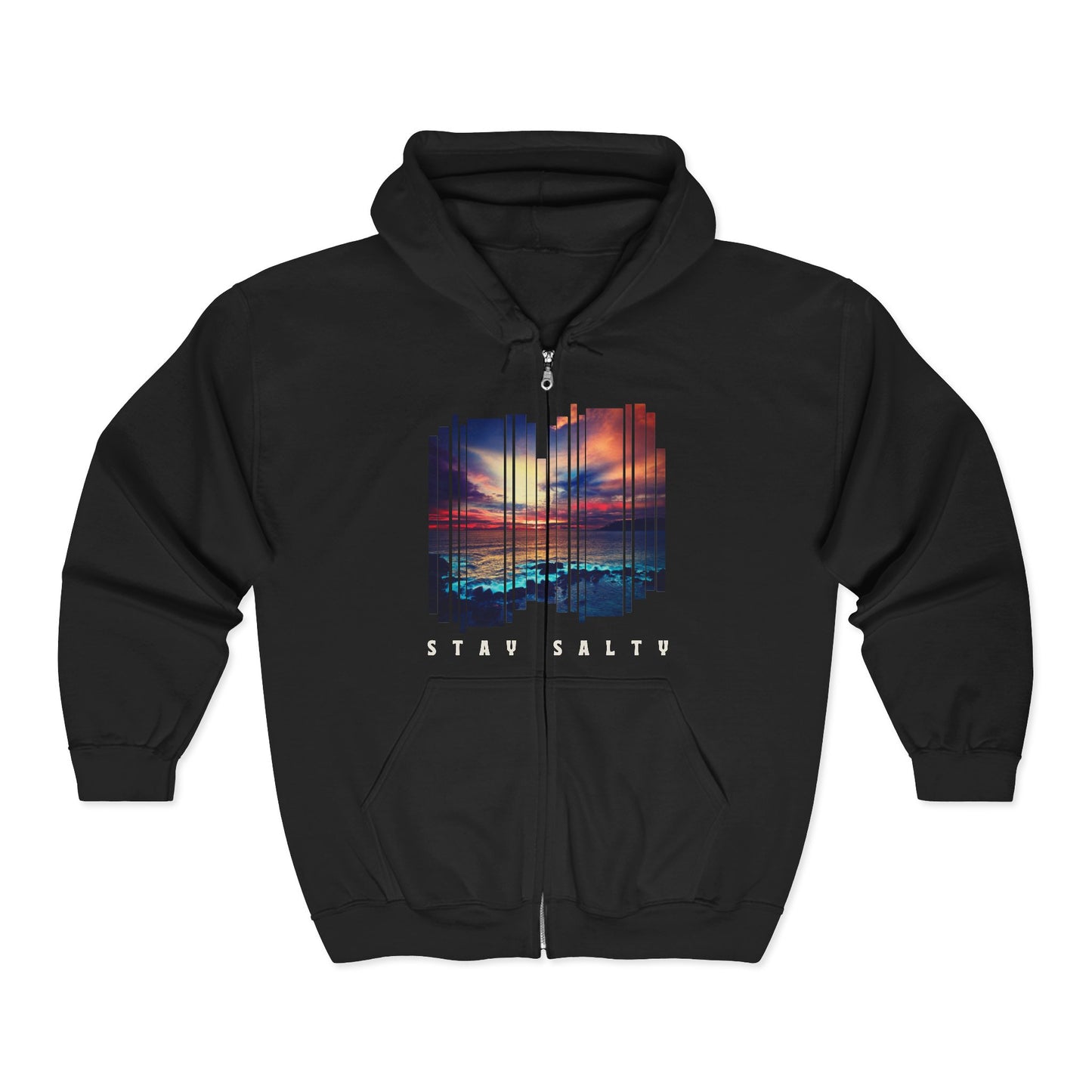 Black full zip hoodie with a stylized sunset design and 'STAY SALTY' text - Island Drops hoodie collection | Unisex zipper hoodie