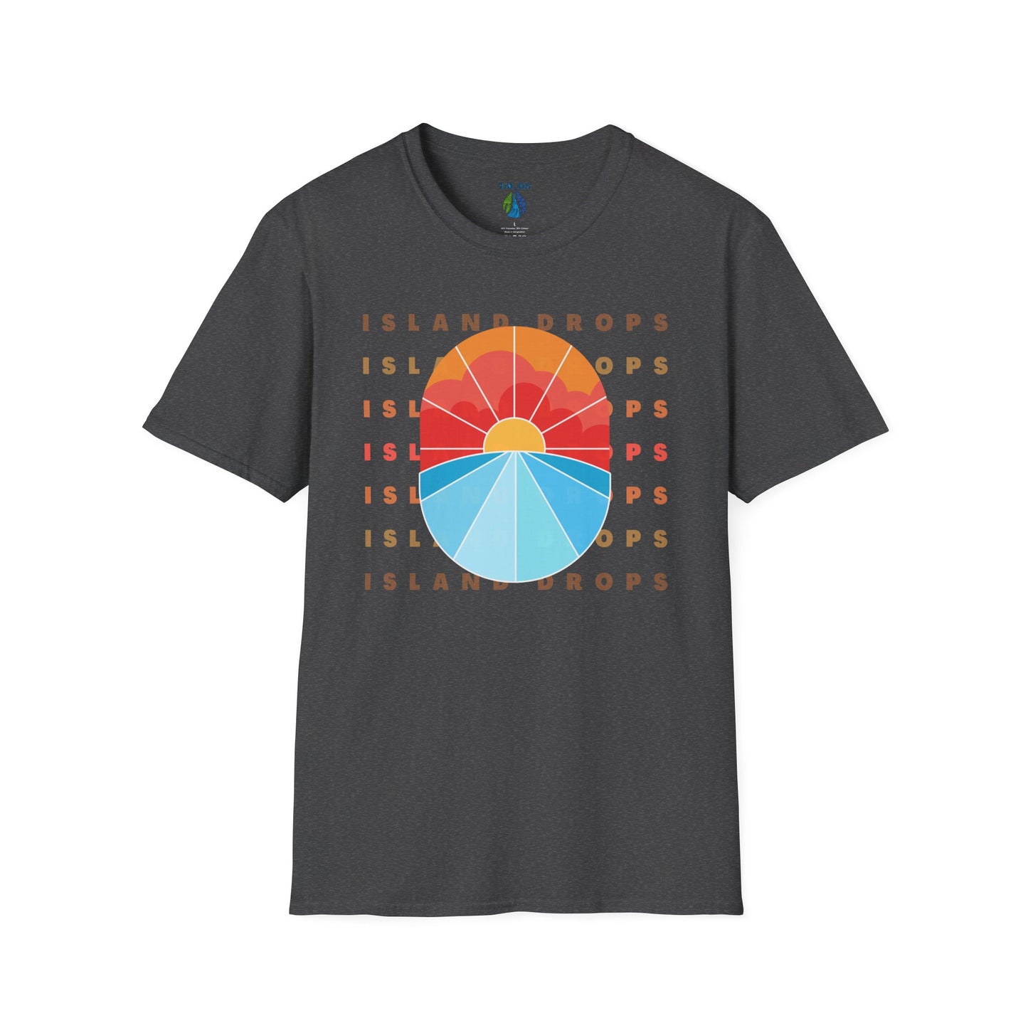 Gray t-shirt  with 'ISLAND DROPS' text behind a graphic sunset - Island Drops t-shirt collection | Unisex t-shirts