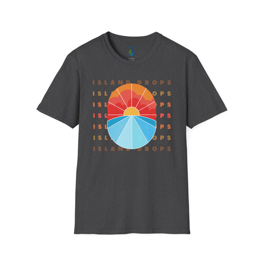 Gray t-shirt  with 'ISLAND DROPS' text behind a graphic sunset - Island Drops t-shirt collection | Unisex t-shirts
