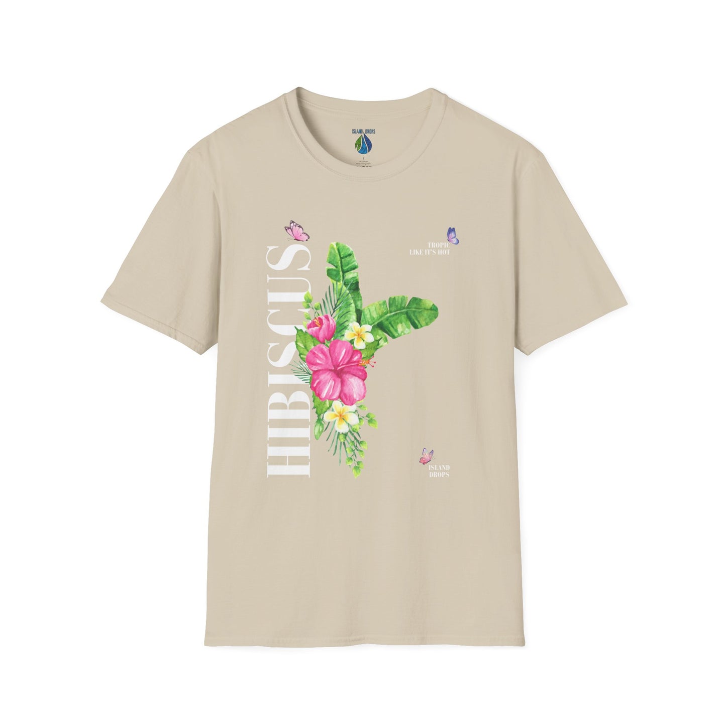 Beige t-shirt with 'HIBISCUS' text and a a stylized hibiscus graphic design - Island Drops t-shirt collection | Unisex t-shirt