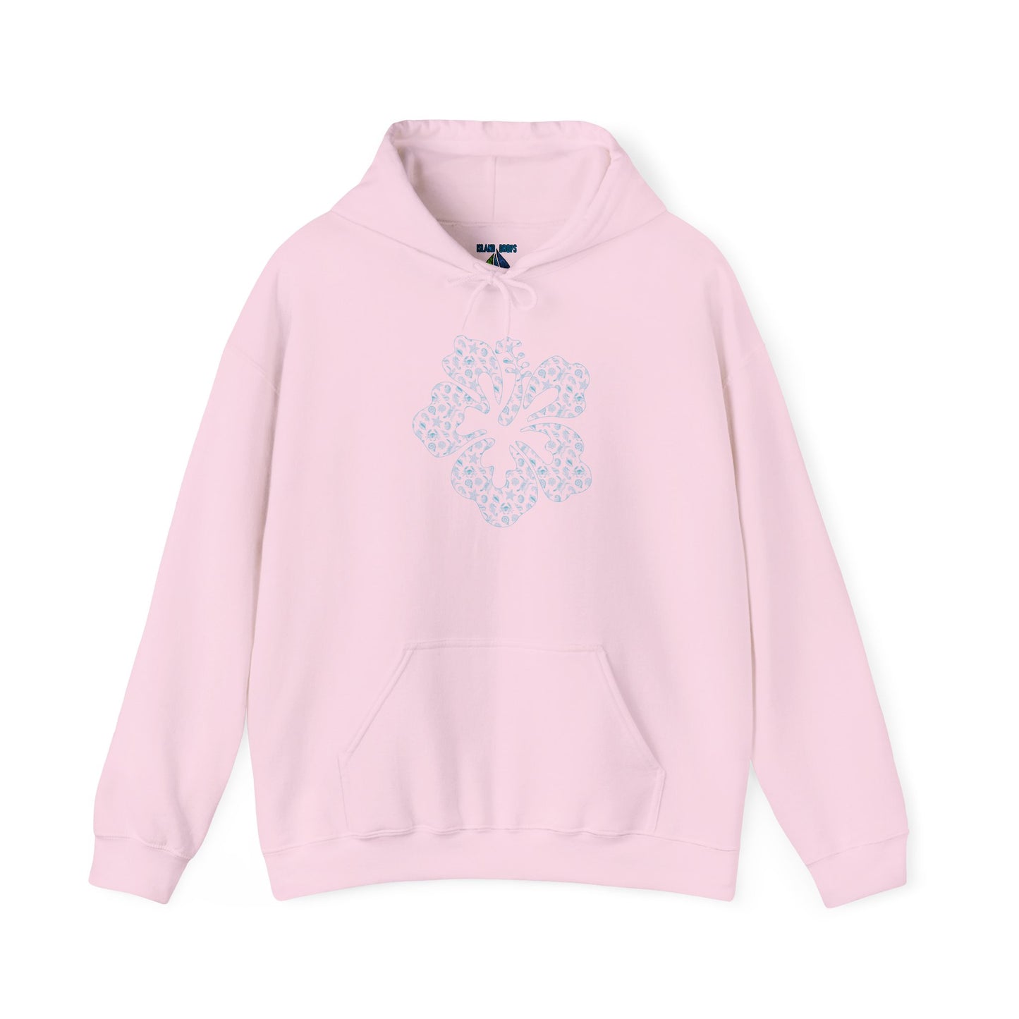 Pink hoodie with a blue hibiscus graphic design - Island Drops hoodie collection | Unisex pullover