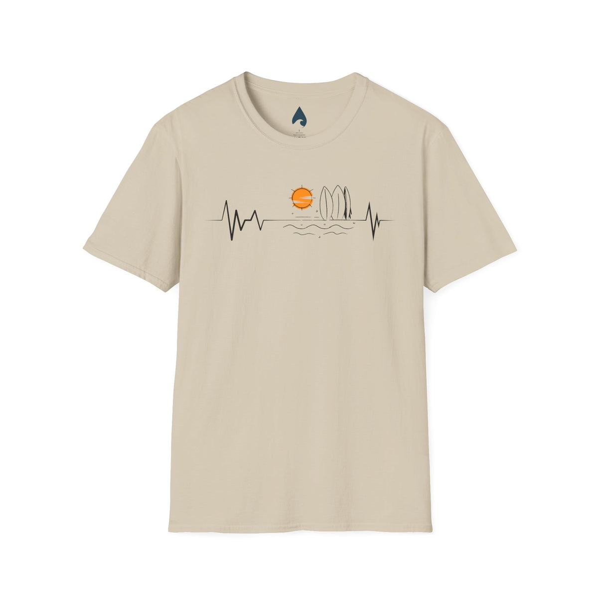 Sand T-shirt front with orange sunset, island wave outline and black heartbeat line