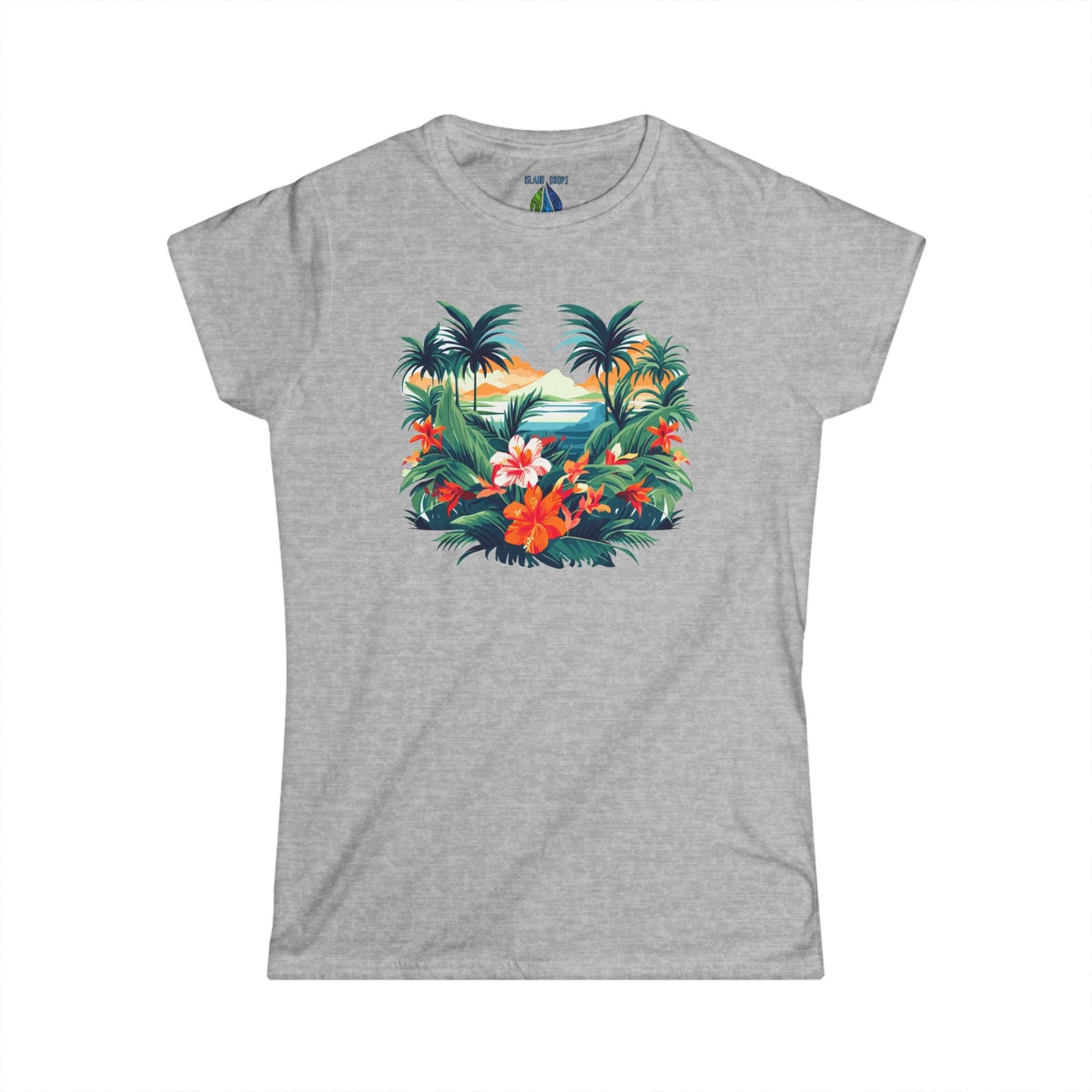 Gray women's cut t-shirt with floral beach graphic design - Island Drops Women's collection | Women's cut t-shirt