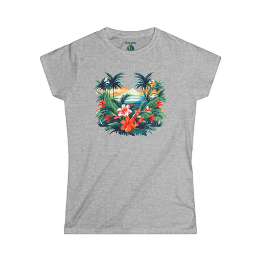 Gray women's cut t-shirt with floral beach graphic design - Island Drops Women's collection | Women's cut t-shirt