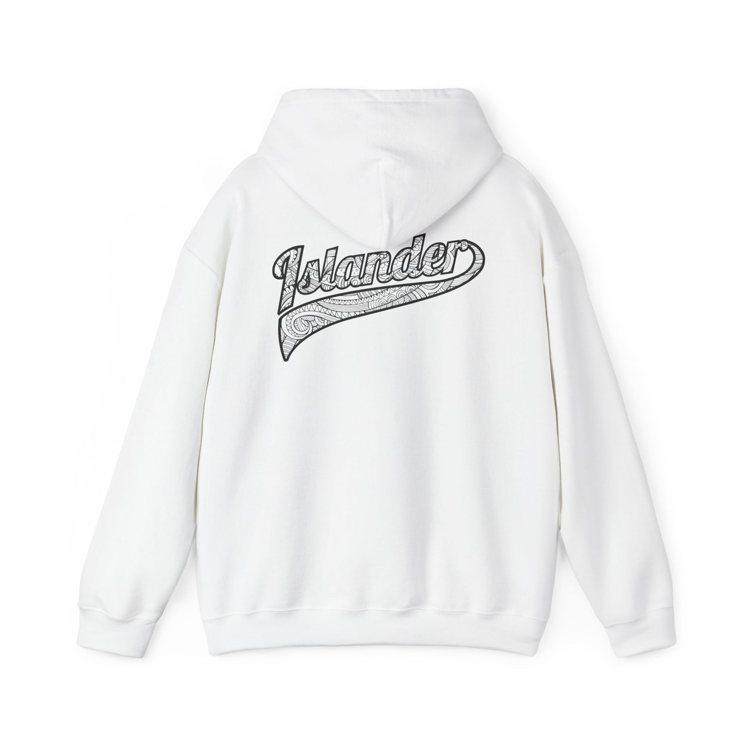White hoodie with "Islander" tribal logo on the back- Island Drops hoodie collection | Unisex pullover