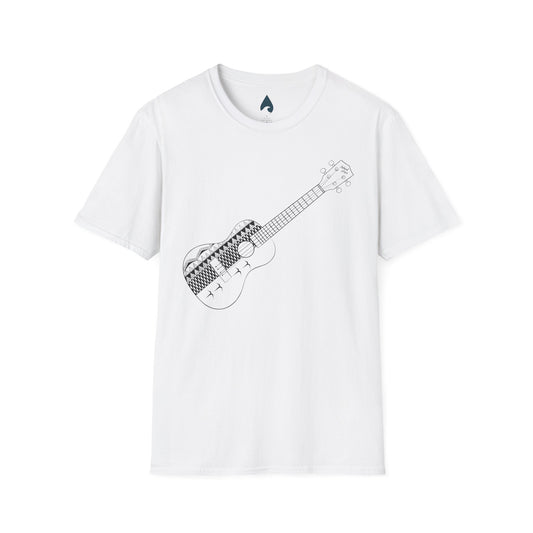 White tee front with black line-art ukulele graphic