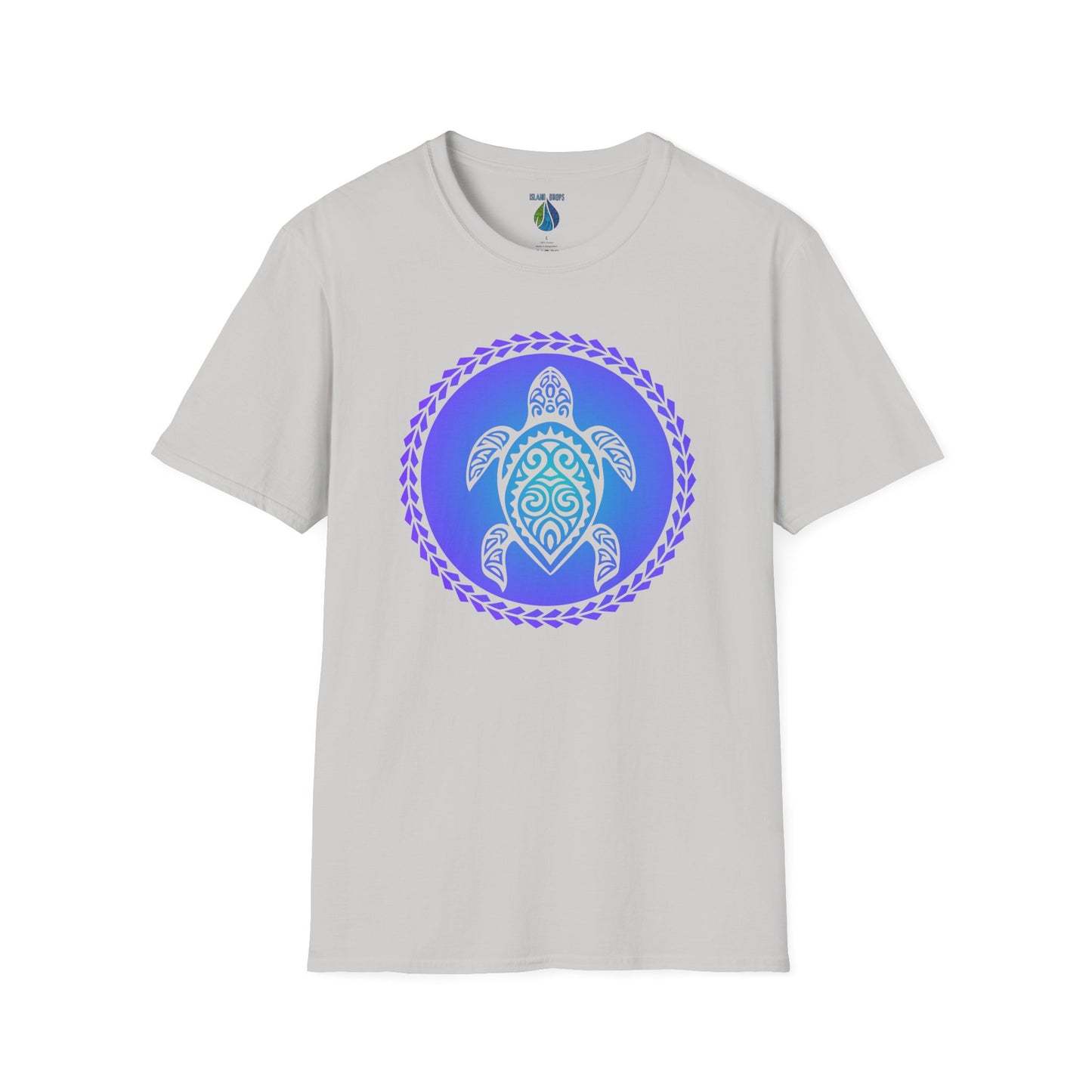 Gray t-shirt with a gradient blue turtle graphic design and tribal patterns  - Island Drops t-shirt collection | Unisex t-shirts