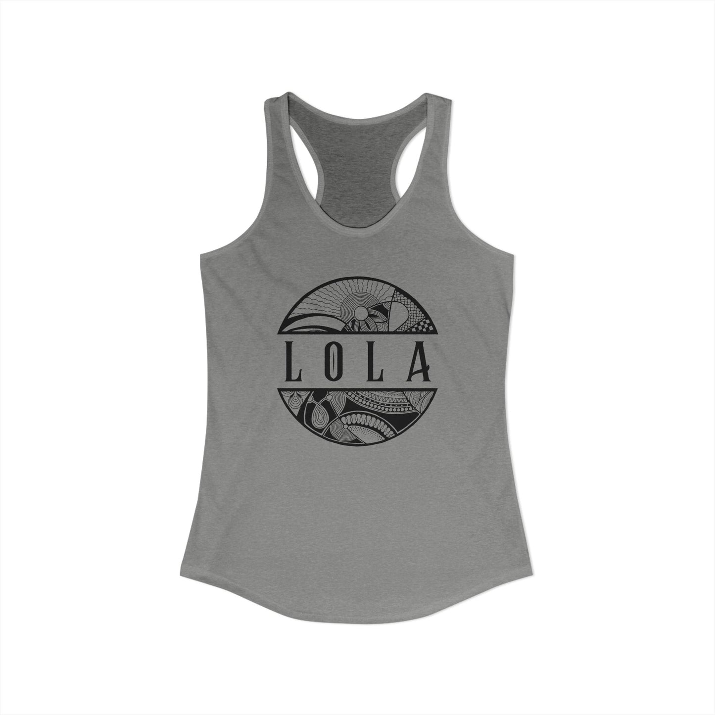 Gray tank top with 'LOLA', meaning grandma, graphic design - Island Drops tank tops collection | Women's racer back tank