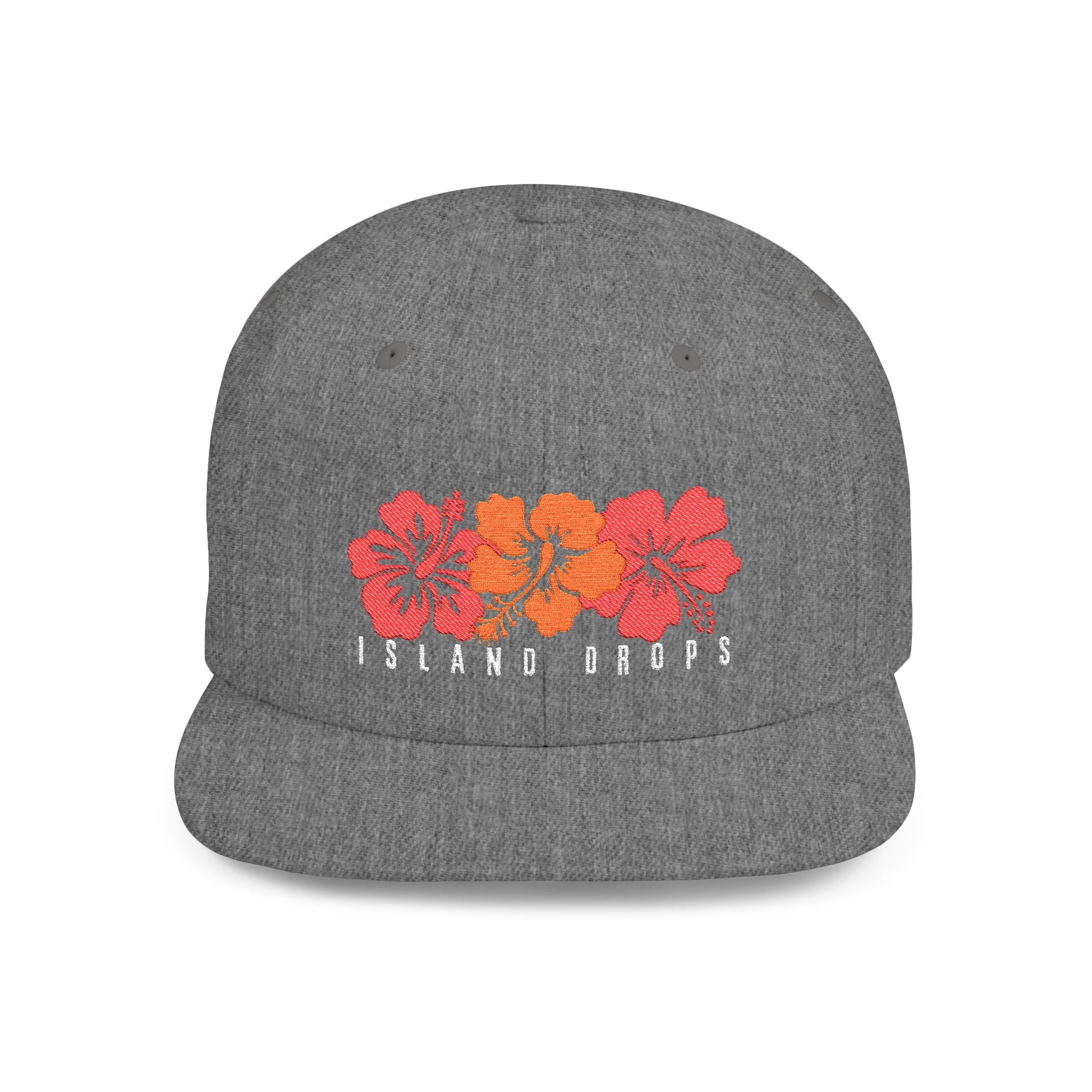 Gray hat with 'ISLAND DROPS' text and hibiscus graphic design - Island Drops hat collection | Unisex snapback cap
