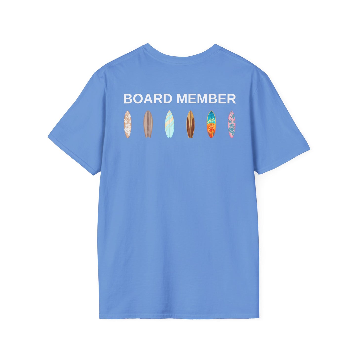 Blue t-shirt with 'BOARD MEMBER' text and colorful surfboard icons on the back - Island Drops t-shirt collection | Unisex t-shirts