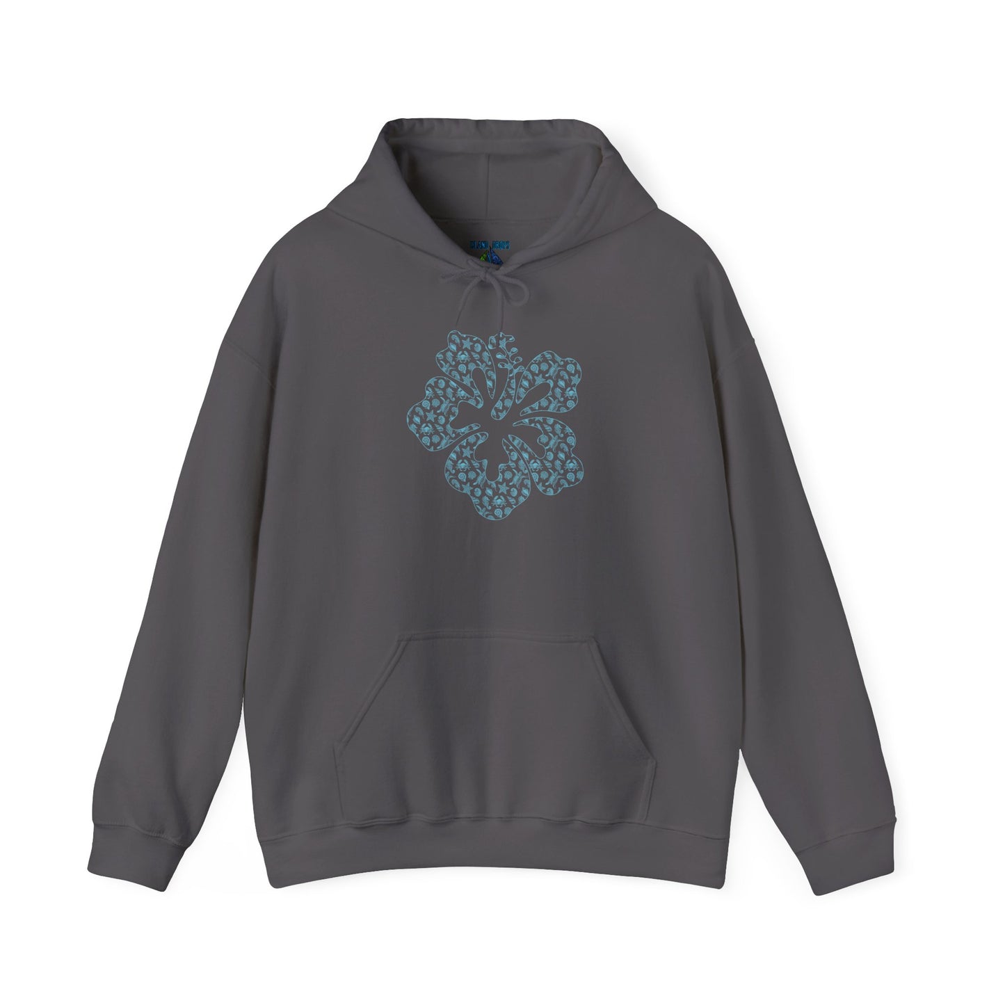 Gray hoodie with a blue hibiscus graphic design - Island Drops hoodie collection | Unisex pullover