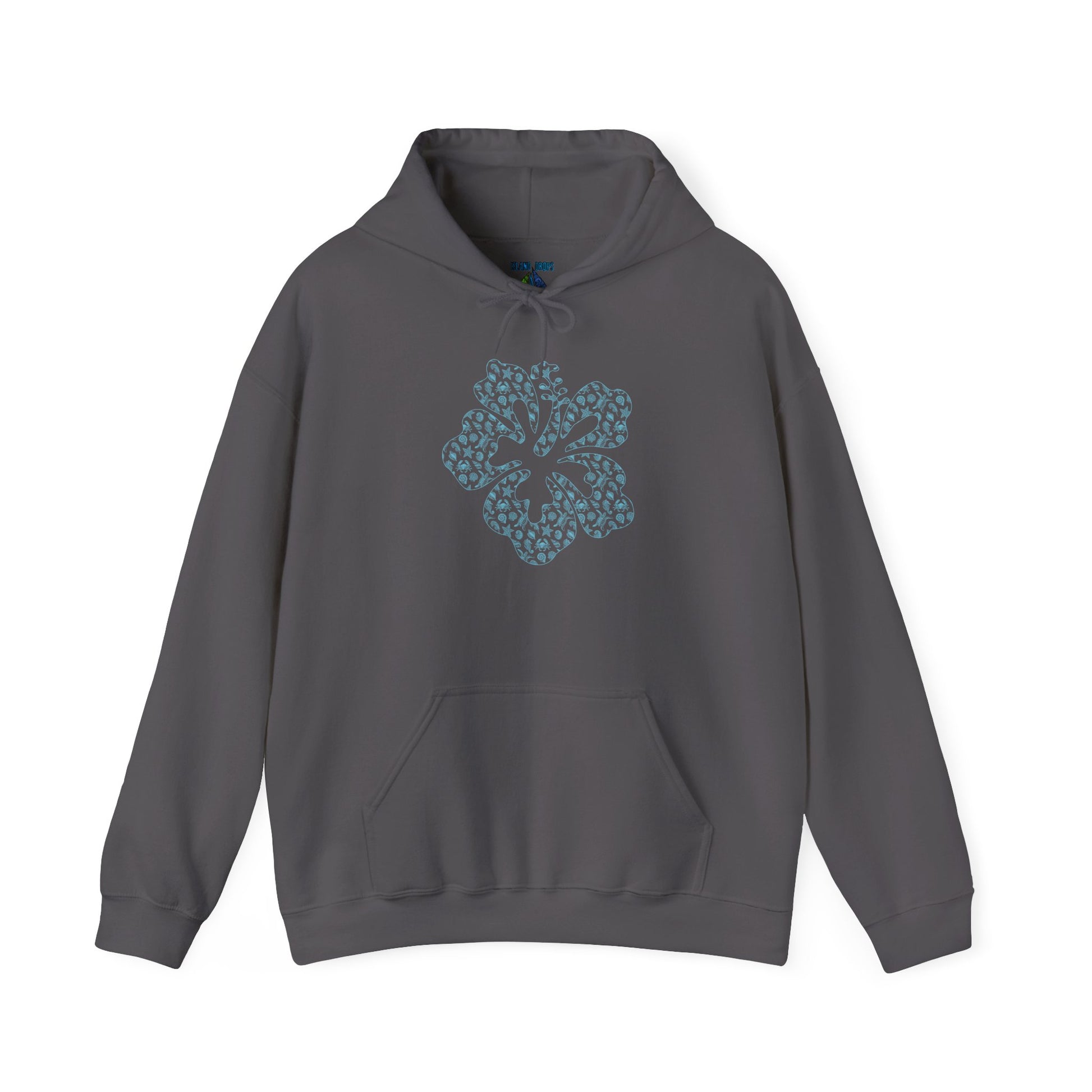 Gray hoodie with a blue hibiscus graphic design - Island Drops hoodie collection | Unisex pullover