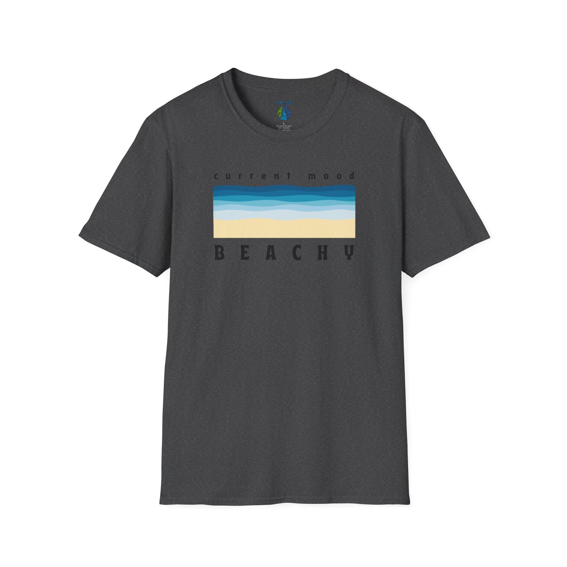 Dark gray t-shirt with 'Current Mood Beachy' design with a stylized beach and ocean graphic design - Island Drops t-shirt collection | Unisex t-shirts