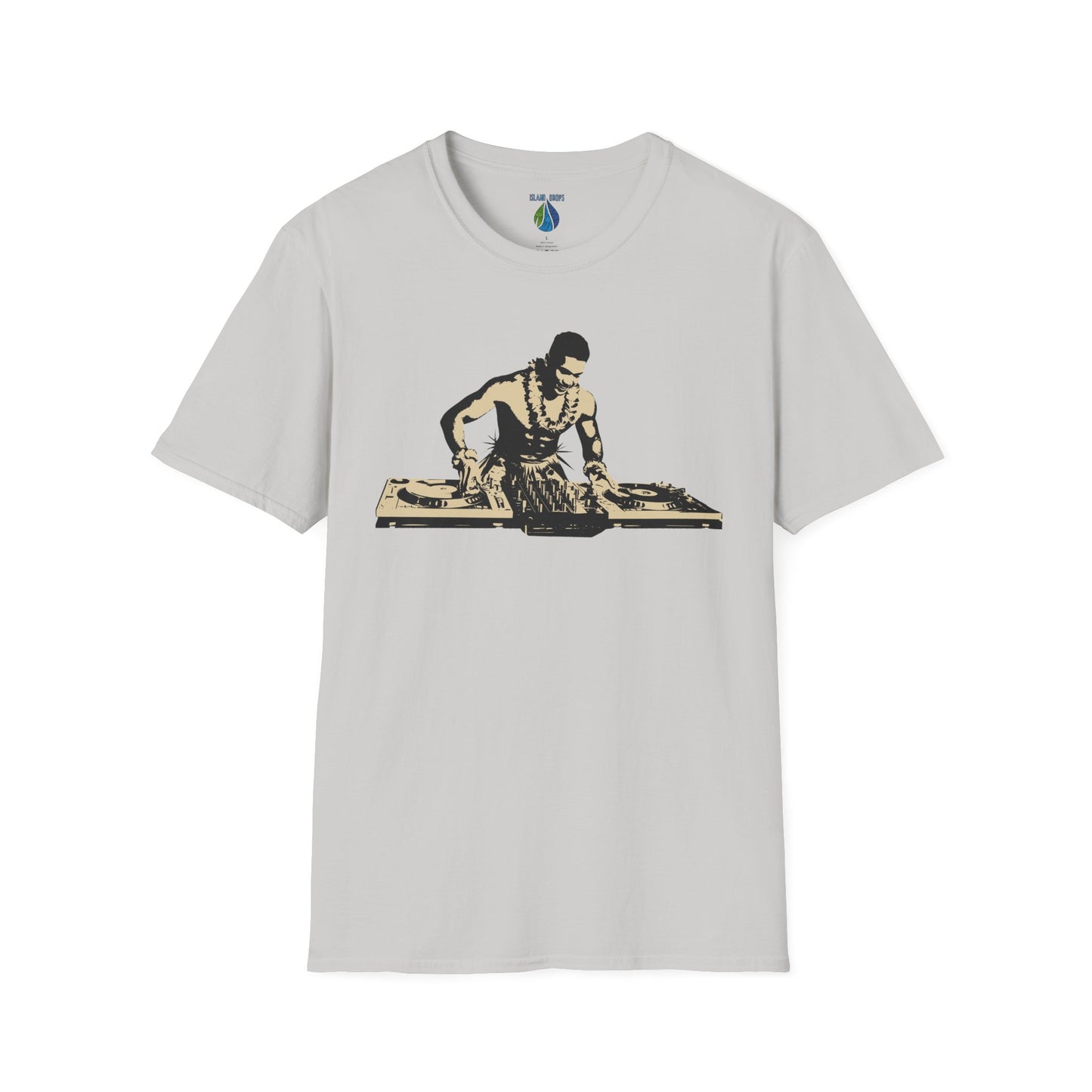 Gray t-shirt with a Hula DJ graphic design  - Island Drops t-shirt collection | Unisex t-shirt