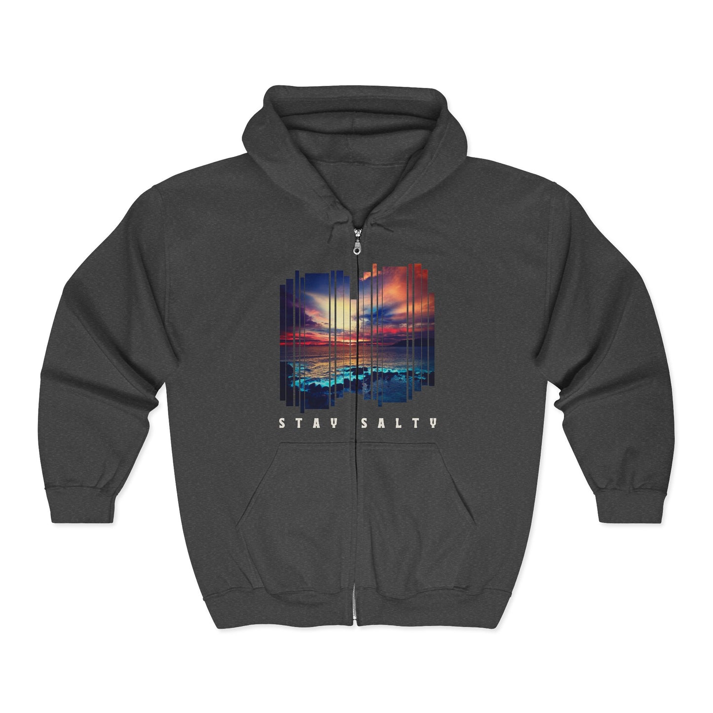 Dark gray full zip hoodie with a stylized sunset design and 'STAY SALTY' text - Island Drops hoodie collection | Unisex zipper hoodie