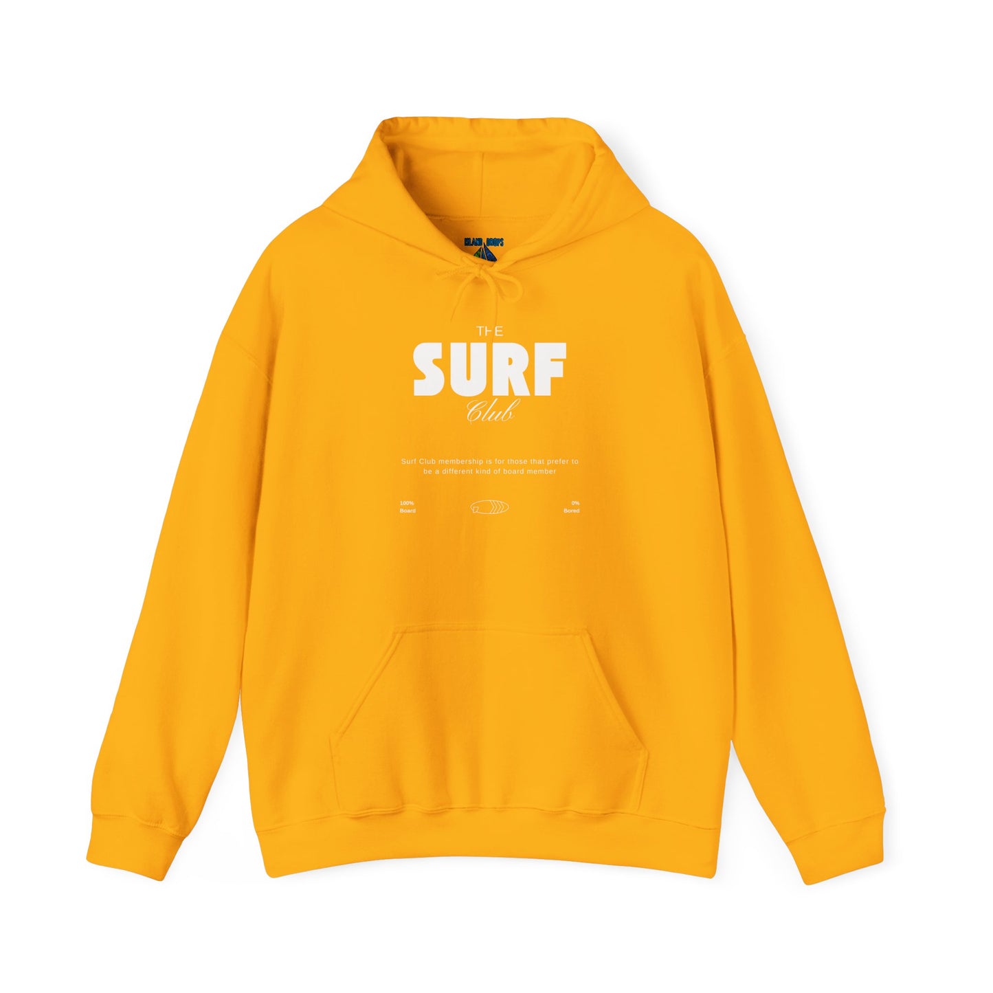 Yellow hoodie with 'SURF Club' text, 100% Board, 0%Bored - Island Drops hoodie collection | Unisex pullover
