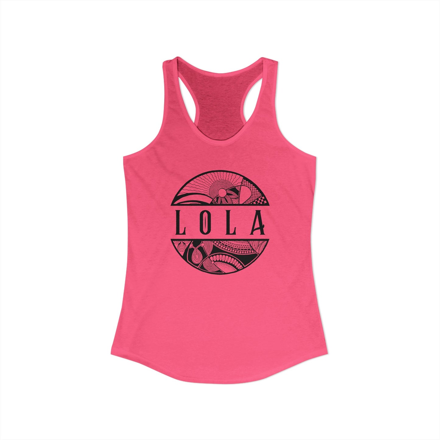 Pink tank top with 'LOLA', meaning grandma, graphic design - Island Drops tank tops collection | Women's racer back tank