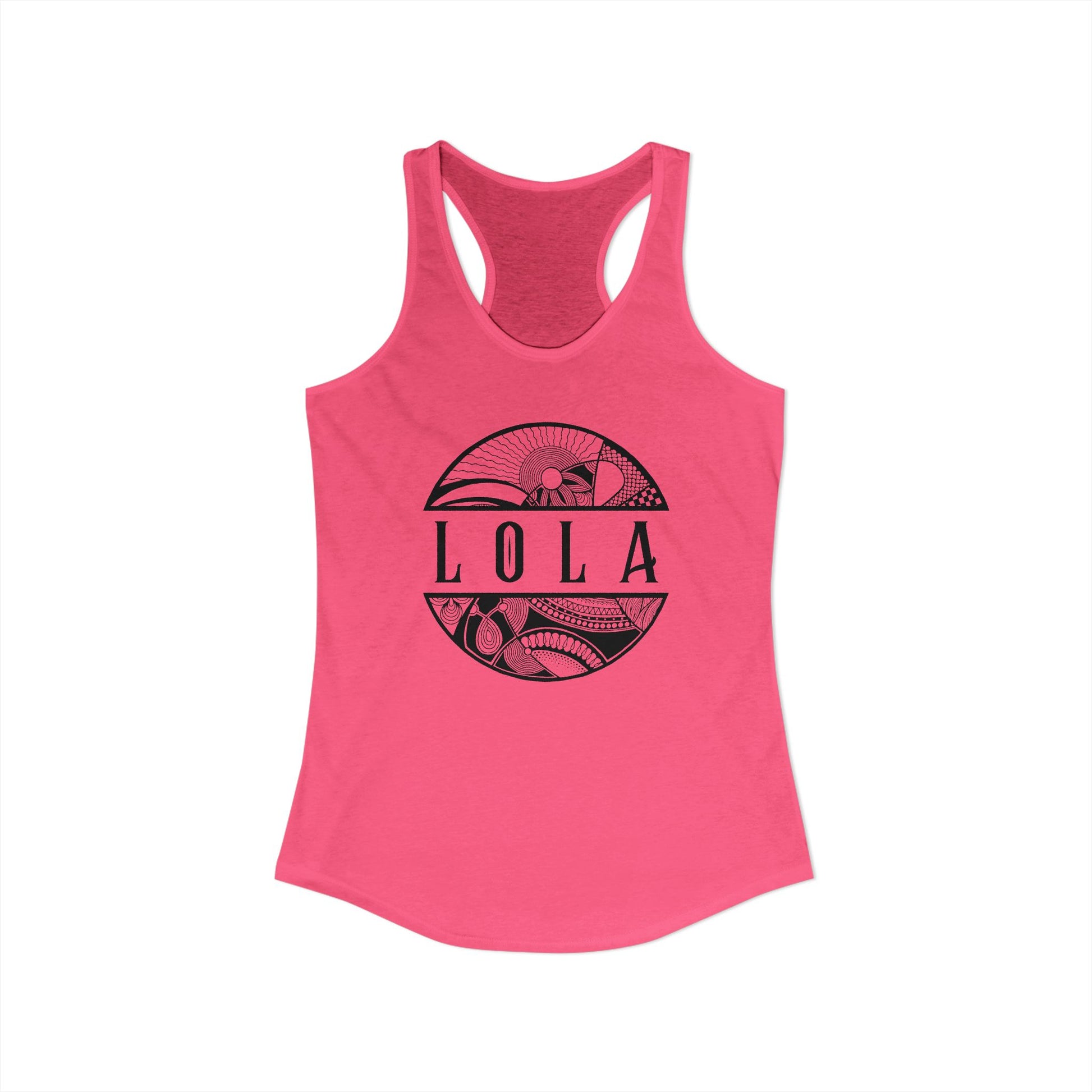 Pink tank top with 'LOLA', meaning grandma, graphic design - Island Drops tank tops collection | Women's racer back tank