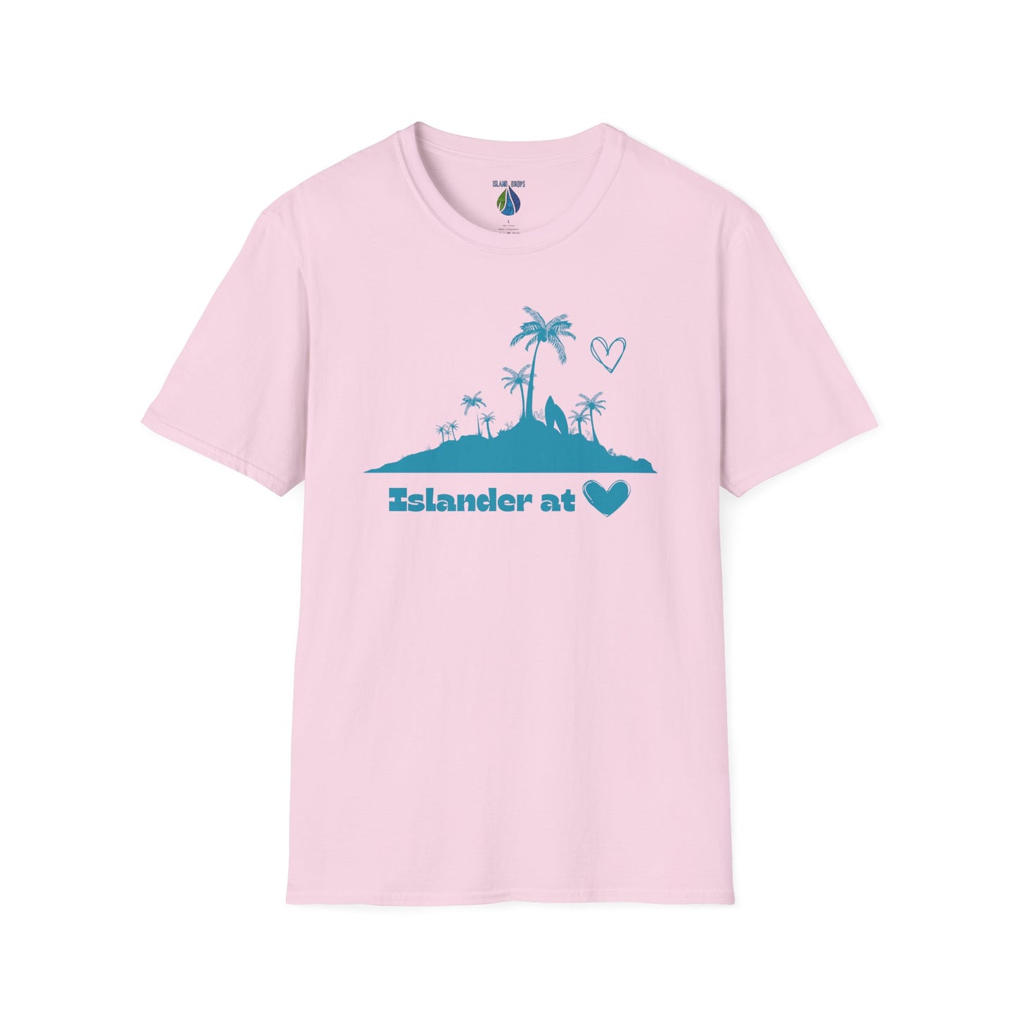 Pink t-shirt  with 'Islander at Heart' text with palm trees and island graphic design - Island Drops t-shirt collection | Unisex t-shirts