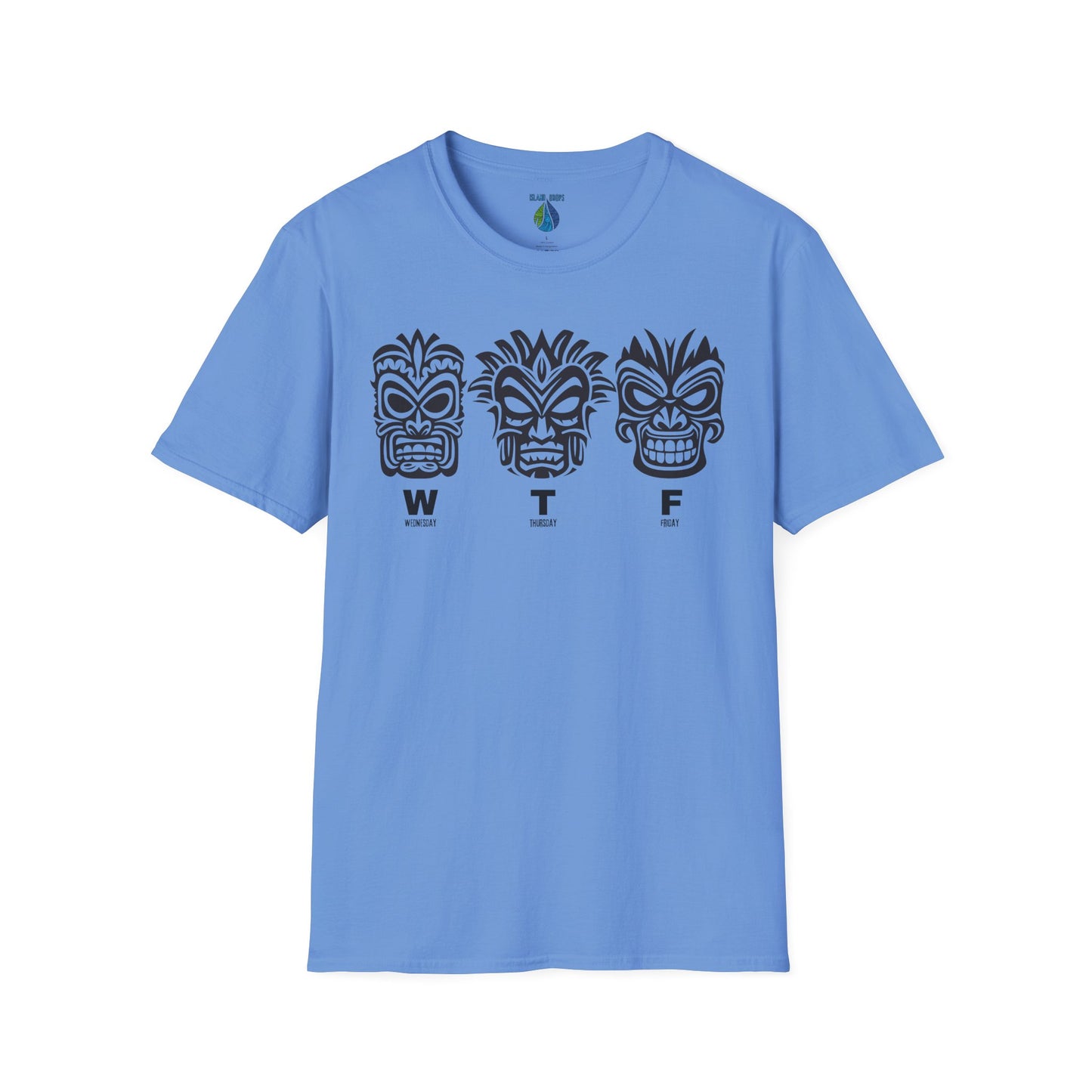Blue t-shirt with three tiki mask designs and 'WTF' text t-shirt - Island Drops t-shirt collection | Unisex t-shirts