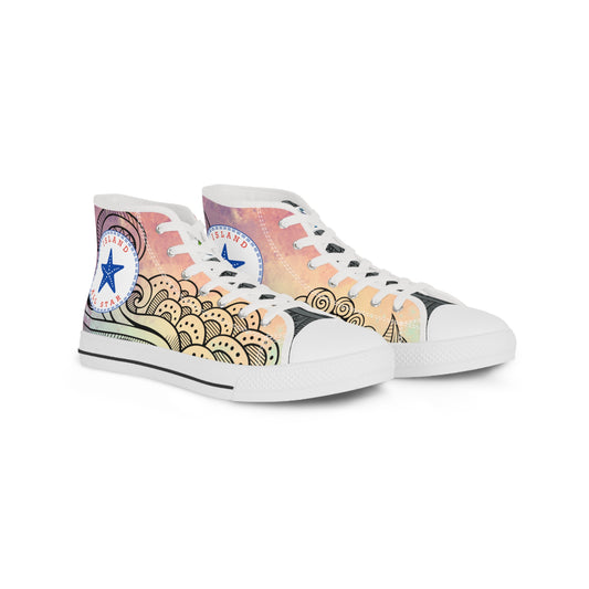 Red, orange, yellow colorful high-top sneakers with tribal tattoo graphic design, white soles - Island Drops shoes collection | Unisex High top shoes