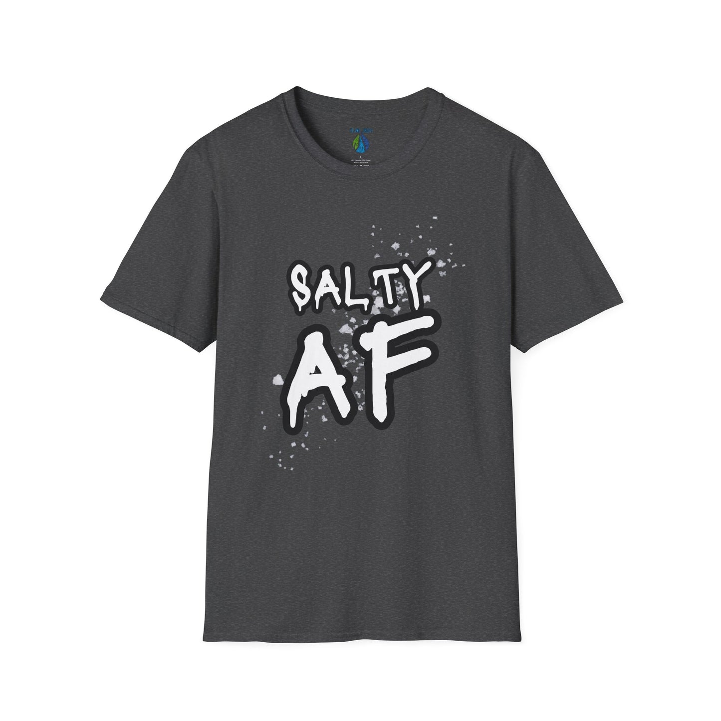 Gray t-shirt  with 'SALTY AF' text and stylized salt graphic design - Island Drops t-shirt collection | Unisex t-shirts