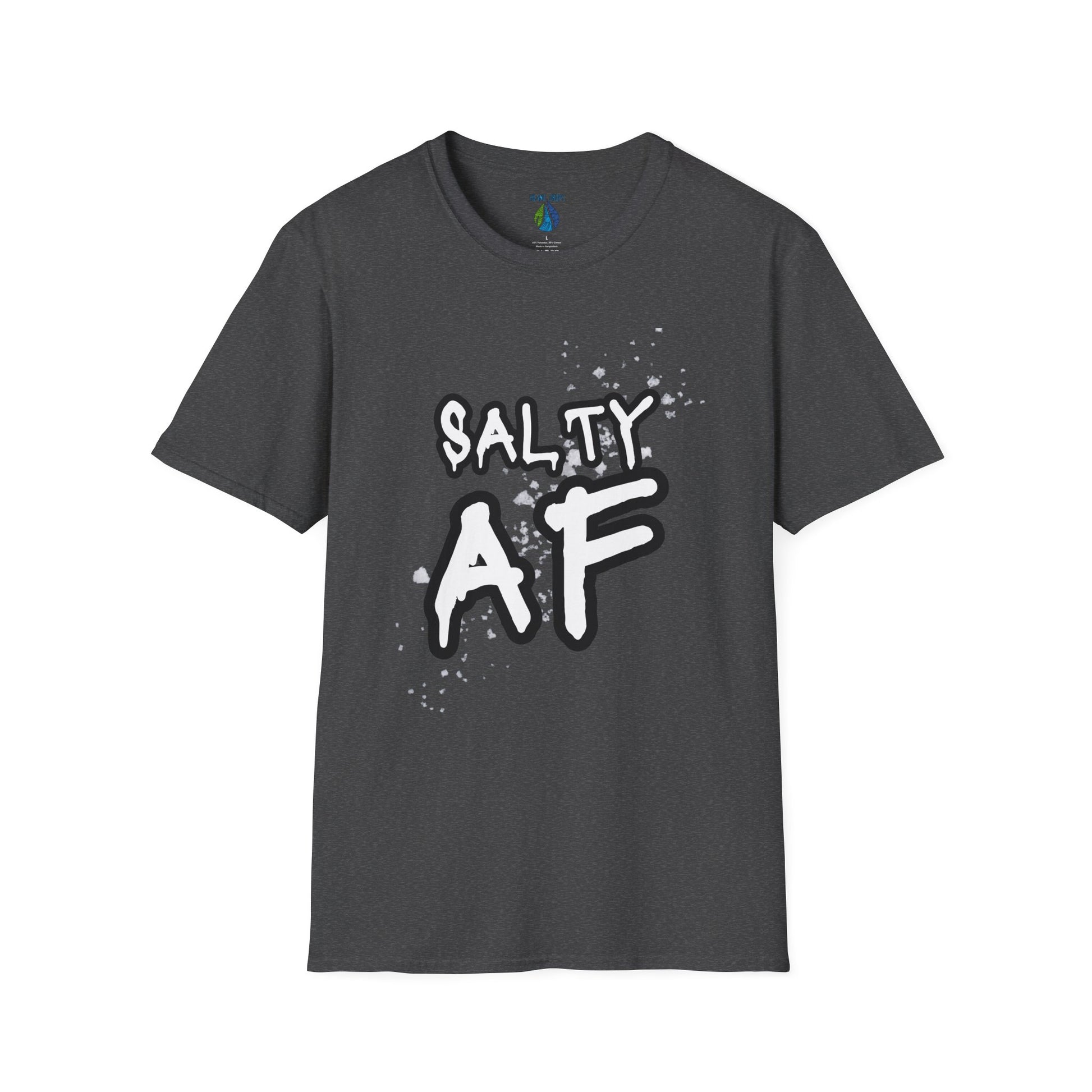 Gray t-shirt  with 'SALTY AF' text and stylized salt graphic design - Island Drops t-shirt collection | Unisex t-shirts